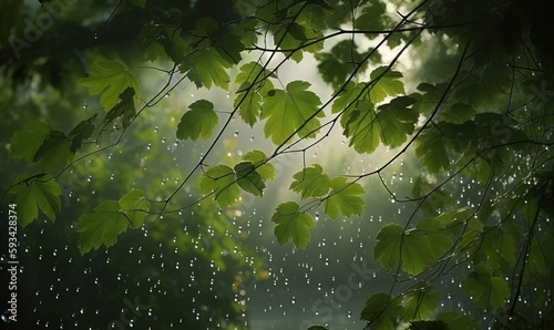  a tree branch with rain drops hanging from it s leaves.  generative ai