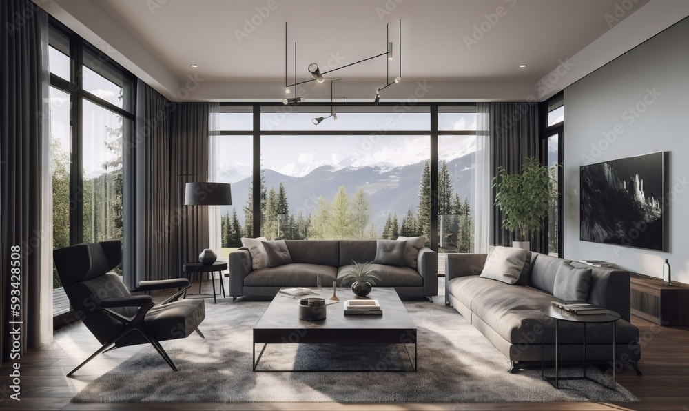 a living room with a large window and a view of the mountains. generative ai a living room with a large window and a view of the mountains. generative ai