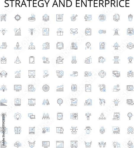 Strategy and enterprice outline icons collection. Strategy, Enterprise, Planning, Analyzing, Outcomes, Business, Objectives vector illustration set. Growth, Processes, Solutions linear signs