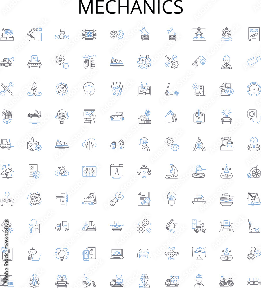 Mechanics outline icons collection. Mechanics, Repair, Motor, Automotive, Engineering, Torque, Friction vector illustration set. Restitution, Dynamics, Force linear signs Mechanics outline icons collection. Mechanics, Repair, Motor, Automotive, Engineering, Torque, Friction vector illustration set. Restitution, Dynamics, Force linear signs