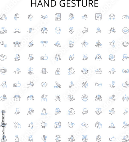 Hand gesture outline icons collection. gesticulating, waving, pointing, beckoning, signaling, clapping, shaking vector illustration set. saluting, clasping, jabbing linear signs
