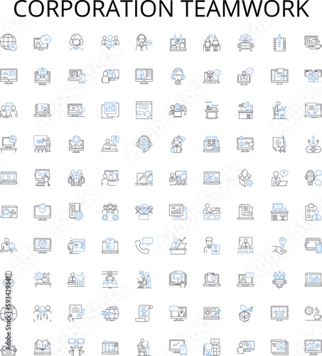 Corporation teamwork outline icons collection. Cooperation, Collaboration, Synergy, Synchronization, Coordination, Groupwork, Collectiveness vector illustration set. Jasmine, Alliance, Confluence
