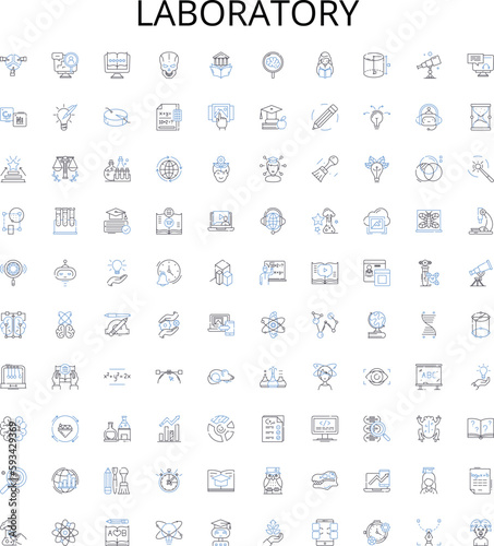 Laboratory outline icons collection. Lab, Test, Experiment, Research, Analysis, Chemicals, Beakers vector illustration set. Equipment, Measurement, Microscope linear signs