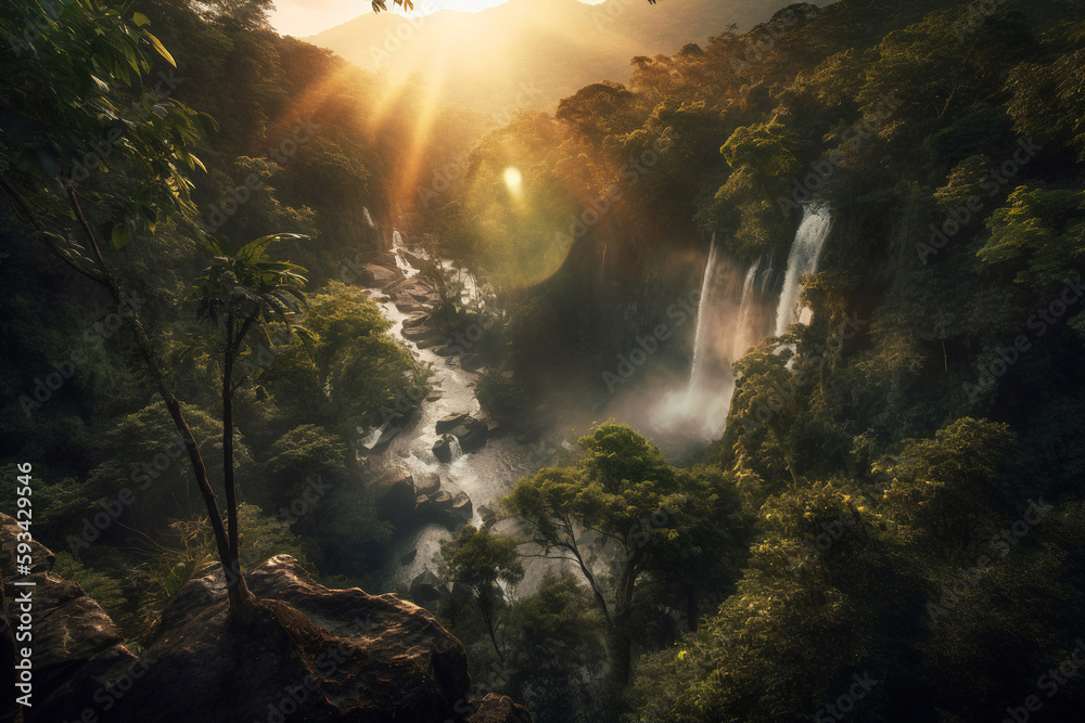 waterfall in the forest with light exposure