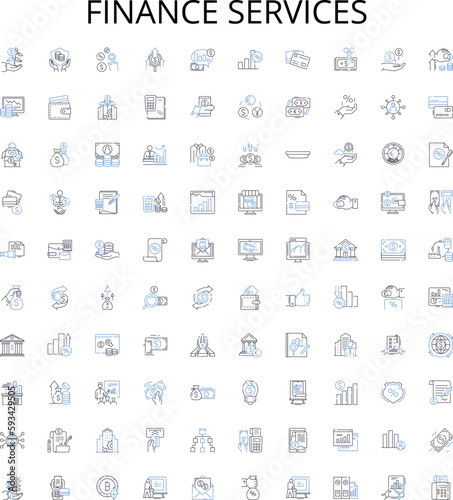 Finance services outline icons collection. Banking, Investing, Insurance, Funds, Credit, Loans, Accounting vector illustration set. Brokerage, Taxation, Budgeting linear signs