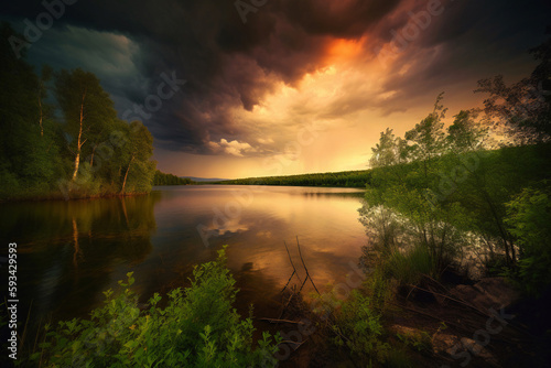 black clouds over mountain with lake