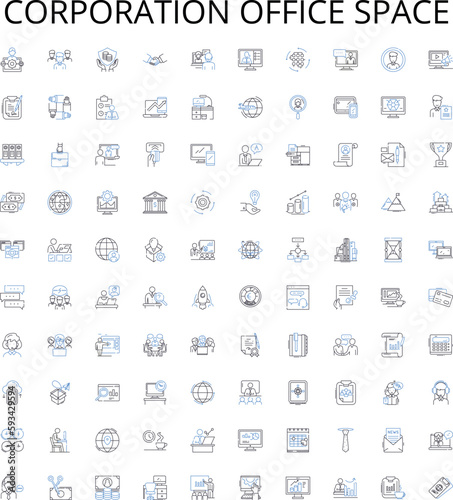 Corporation office space outline icons collection. Corporate, Office, Space, Facility, Rent, Lease, Room vector illustration set. Suites, Complex, Building linear signs