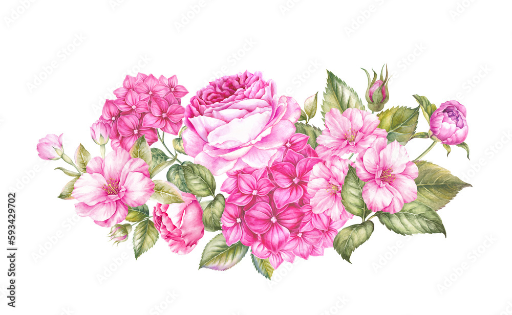 Pink watercolor roses bouquet. Bunch of flowers on a white background Pink watercolor roses bouquet. Bunch of flowers on a white background