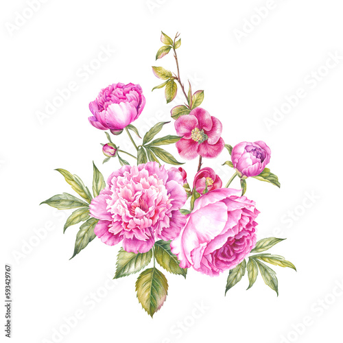 Pink watercolor roses bouquet. Bunch of flowers on a white background