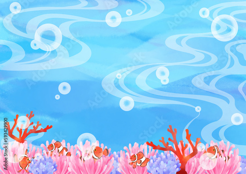 カクレクマノミがいる海中風景／Illustration of an underwater landscape with clownfish