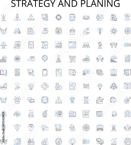 Strategy and planing outline icons collection. Strategy, Planning, Designing, Analysis, Outline, Scenario, Course vector illustration set. Process, Purpose, Aim linear signs