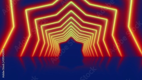 3D animation Red Glowing stars Scrolling Along High Tech Reflective Pentagonal Tunnel With Light Stripes cool Star shaped digital tunnel yellow color network connection technology concept abstract bac