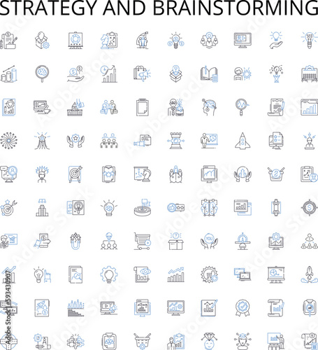 Strategy and brainstorming outline icons collection. Strategy, Brainstorming, Planning, Analyzing, Conceptualizing, Ideating, Thinking vector illustration set. Innovating, Assessing, Evaluating linear © michael broon