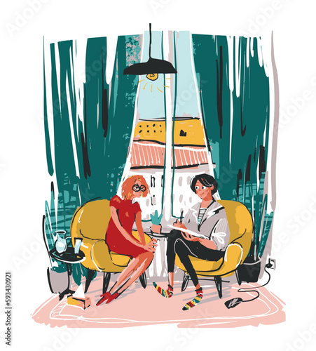 Psychologist listens to a patient at a psychotherapy session in the office. Modern girl on coaching, humorous cartoon. The concept of psychotherapeutic care. Flat vector illustration.