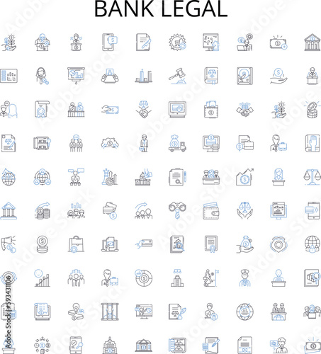 Bank legal outline icons collection. Bank, Legal, Contract, Finance, Law, Issues, Rights vector illustration set. Compliance,Agreement,Rule linear signs