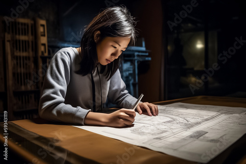 Asian girl is seen drawing up blueprints for a new building.design, showcasing her skill and attention to detail. generative AI
