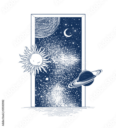 Open the door to space with flying planets, sun and moon. The concept of imagination, new idea, new opportunities and new life. Vector illustration.