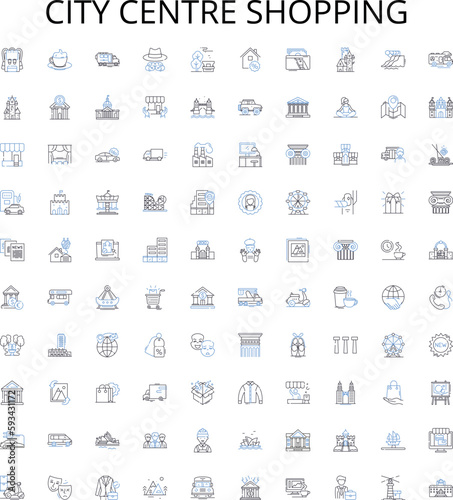 City centre shopping outline icons collection. Urban, Mall, Bazaar, Hub, Marketplace, Central, Retail vector illustration set. Outlet, Commercial, Boutique linear signs