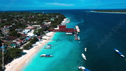 Aerial of Ferry Terminal in Gili Trawangan beach in Lombok, Indonesia
