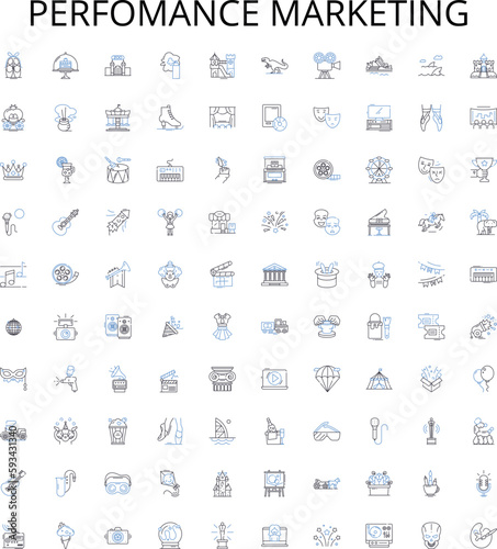 Perfomance marketing outline icons collection. Performance, Marketing, Advertising, Optimization, Analytical, Conversion, Cost vector illustration set. Campaigns, Tracking, Content linear signs