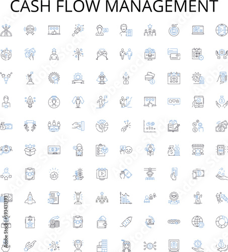 Cash flow management outline icons collection. Cash, Flow, Management, Budgeting, Tracking, Planning, Monitoring vector illustration set. Analysis, Forecasting, Optimizing linear signs