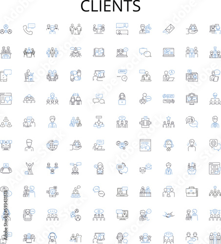 Clients outline icons collection. Customers, Consumers, Patrons, Buyers, Subscribers, Audience, Users vector illustration set. Clients, Guests, Cliques linear signs