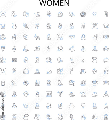Women outline icons collection. Female, Ladies, Womenfolk, Ladies, She, Herself, Womanly vector illustration set. Feminine, Gal, Maiden linear signs