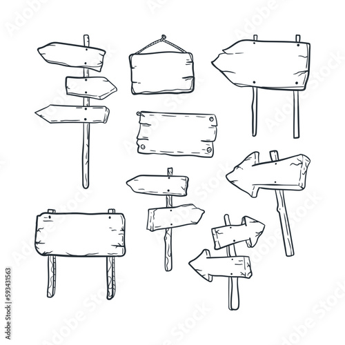 Collection of wooden signboards arrow. Empty signpost board hand drawn skecth doodle illustration.