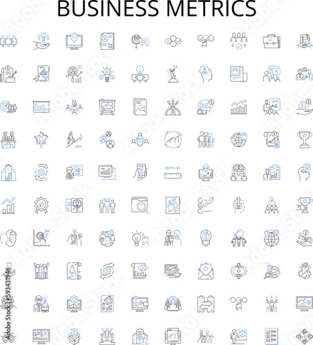 Business metrics outline icons collection. Revenue, Profit, Cost, Efficiency, Demand, Quality, Pricing vector illustration set. Production, Performance, Volume linear signs
