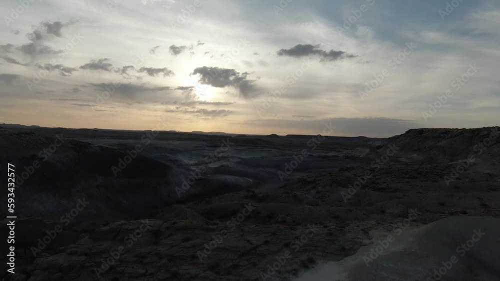 blue and orange desert landscape flyover during sunset at bentonite hills in hankesville utah dusk 60fps blue and orange desert landscape flyover during sunset at bentonite hills in hankesville utah dusk 60fps