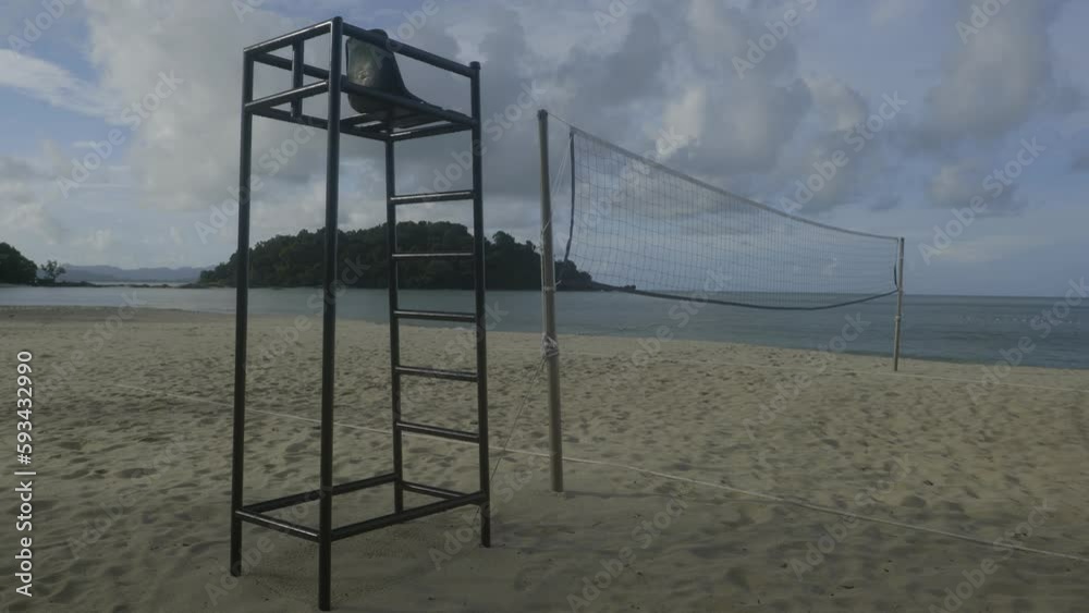 Static shot of volleyball net and referee stand at berjaya langkawi resort beach Static shot of volleyball net and referee stand at berjaya langkawi resort beach