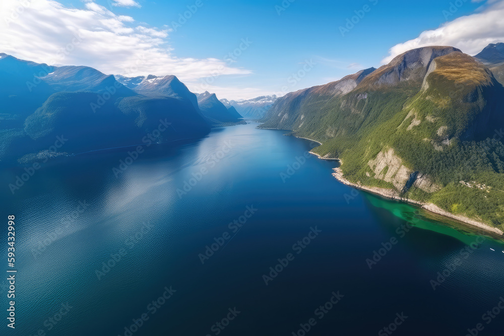 Aerial view of majestic Norway Fjord with scenic mountains and sea, generative AI