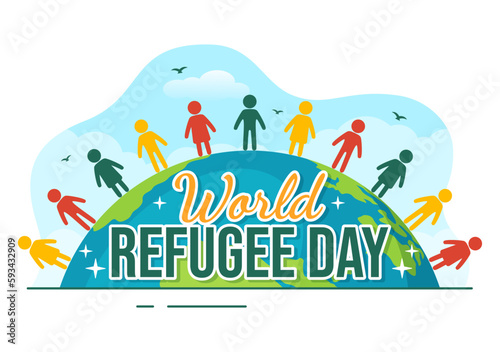 World Refugee Day on 20 June Vector Illustration with Immigration Family and Their Kids Walking Seek Home in Flat Hand Drawn Wire Fence Templates