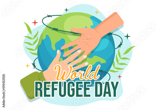 World Refugee Day on 20 June Vector Illustration with Immigration Family and Their Kids Walking Seek Home in Flat Hand Drawn Wire Fence Templates