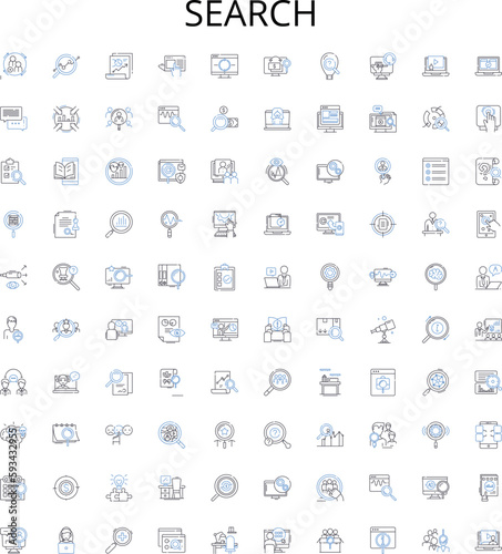 Search outline icons collection. Find, Explore, Hunt, Lookup, Locate, Query, Scan vector illustration set. Track, Research, Dig linear signs