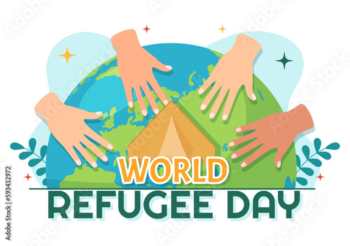 World Refugee Day on 20 June Vector Illustration with Immigration Family and Their Kids Walking Seek Home in Flat Hand Drawn Wire Fence Templates