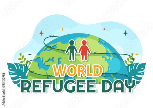 World Refugee Day on 20 June Vector Illustration with Immigration Family and Their Kids Walking Seek Home in Flat Hand Drawn Wire Fence Templates