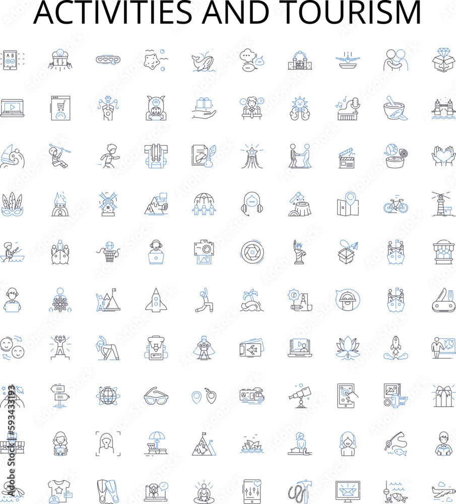 Fototapeta premium Activities and tourism outline icons collection. Activities, Tourism, Recreation, Sightseeing, Exploring, Adventure, Vacation vector illustration set. Hiking, Fishing, Biking linear signs