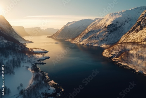 Aerial view of majestic Norway Fjord with scenic mountains and sea, generative AI