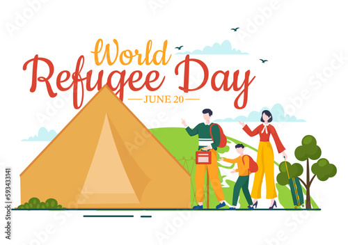 World Refugee Day on 20 June Vector Illustration with Immigration Family and Their Kids Walking Seek Home in Flat Hand Drawn Wire Fence Templates
