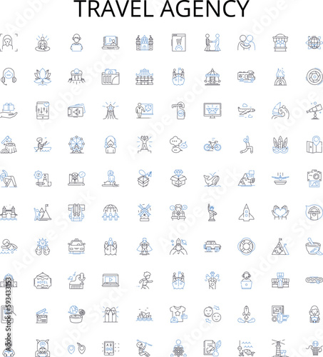 Travel agency outline icons collection. Travel, Agency, Tour, Vacation, Trip, Holiday, Explore vector illustration set. Sightseeing, Package, Leisure linear signs