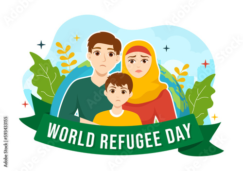 World Refugee Day on 20 June Vector Illustration with Immigration Family and Their Kids Walking Seek Home in Flat Hand Drawn Wire Fence Templates