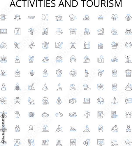 Activities and tourism outline icons collection. Activities, Tourism, Recreation, Sightseeing, Exploring, Adventure, Vacation vector illustration set. Hiking, Fishing, Biking linear signs