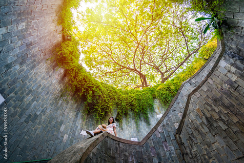 Young woman traveler with giant tree at Fort Canning Tree Tunnel in Singapore photo