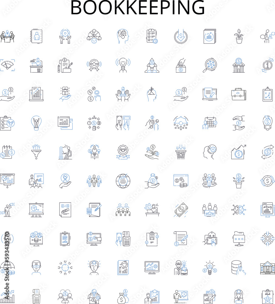 Bookkeeping outline icons collection. Bookkeeping, Accounting, Finances, Ledger, Records, Balance, Reconcile vector illustration set. Transaction, Expenses, Income linear signs