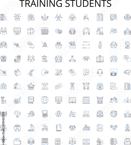 Training students outline icons collection. Train, Students, Instruct, Educate, Tutor, Coach, Discipline vector illustration set. Develop, Skills, Teach linear signs