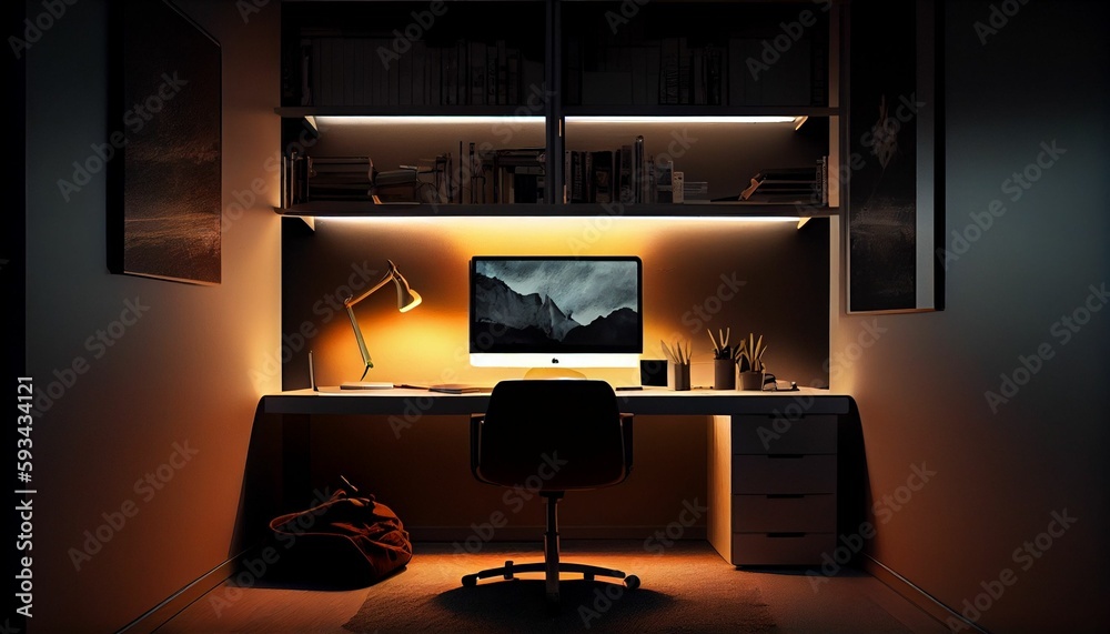 custom made wallpaper toronto digitalOffice room with laptop or computer on the table with ambient lighting. Generative AI.