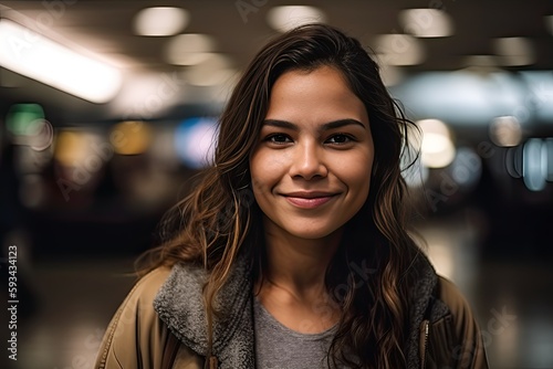 Close up image of a very beautiful attractive hispanic young woman looking at the camera smiling. Generative AI