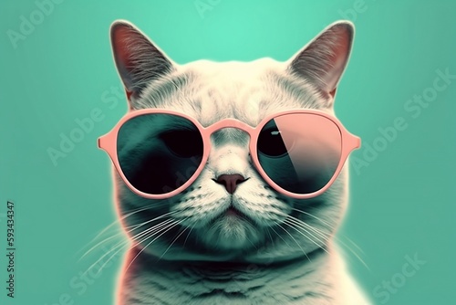 Abstract clip-art of cool cat wearing trendy sunglasses. Contemporary pastel color background. For posters, planners, web, landing page.