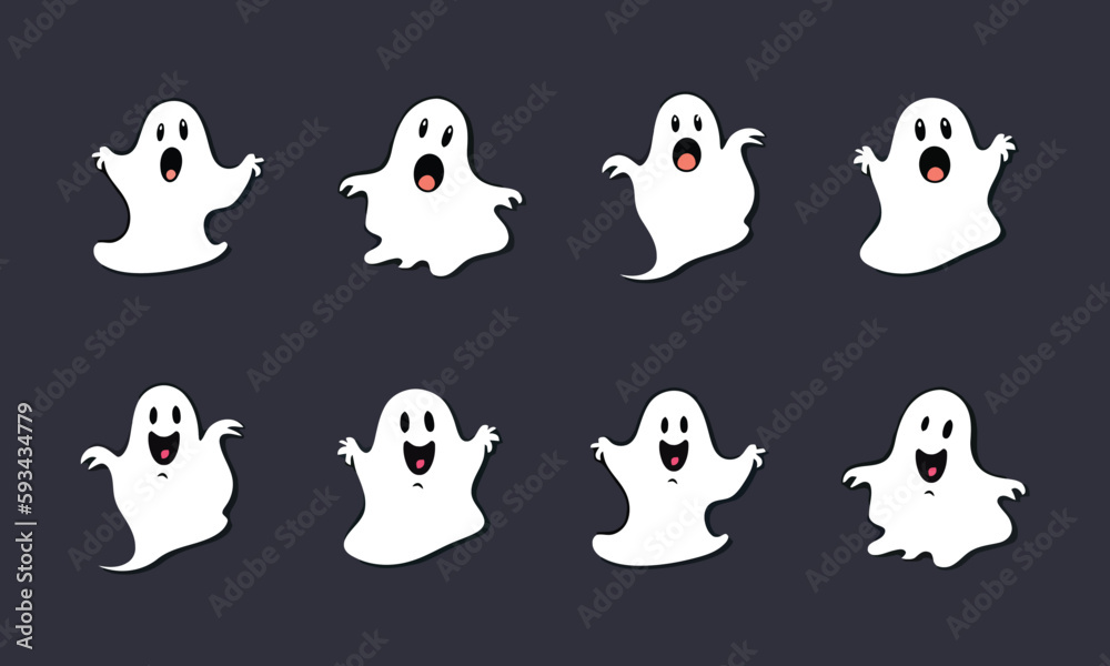 Cute funny happy ghosts. cartoon spooky ghost character. flat vector